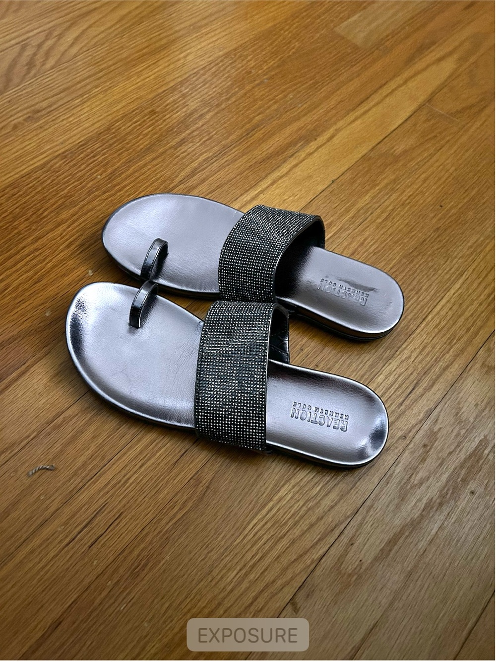 Kenneth Cole Reaction “Slim Tricks 2” Rhinestone Slide Sandals w/ Toe Loop, 8.5